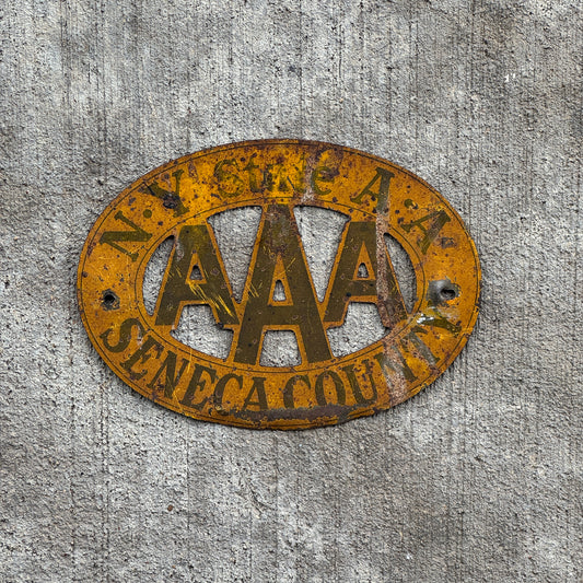 Photo of a 1930 Era Seneca County New York Badge Emblem License Plate Topper Auto Tag Garage Decor Vintage AAA with original patina