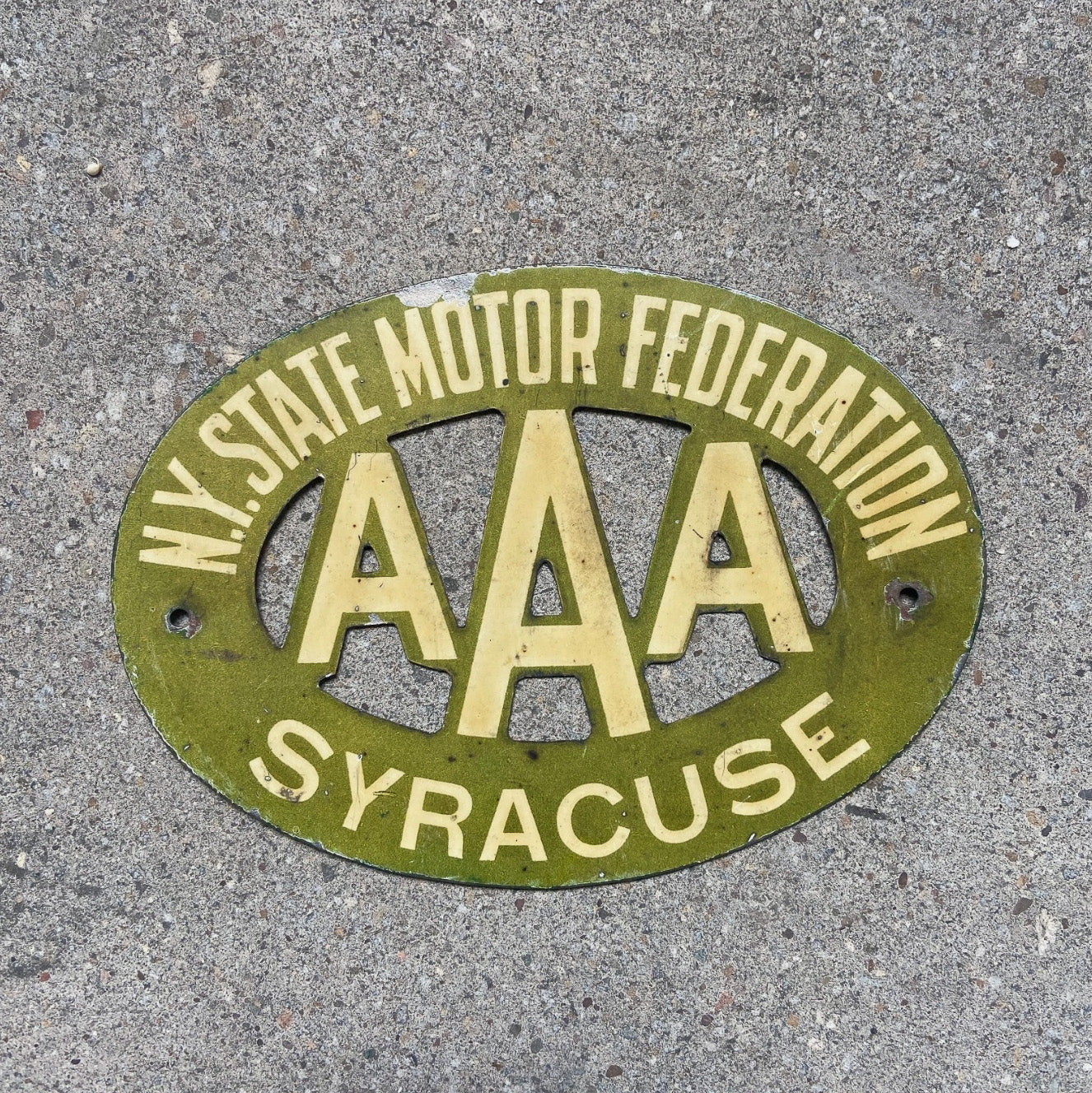 Photo of a 1930 Era Syracuse New York License Plate Topper Auto Tag Garage Decor Vintage Metal Car Badge Motor Club Automobile AAA with original patina