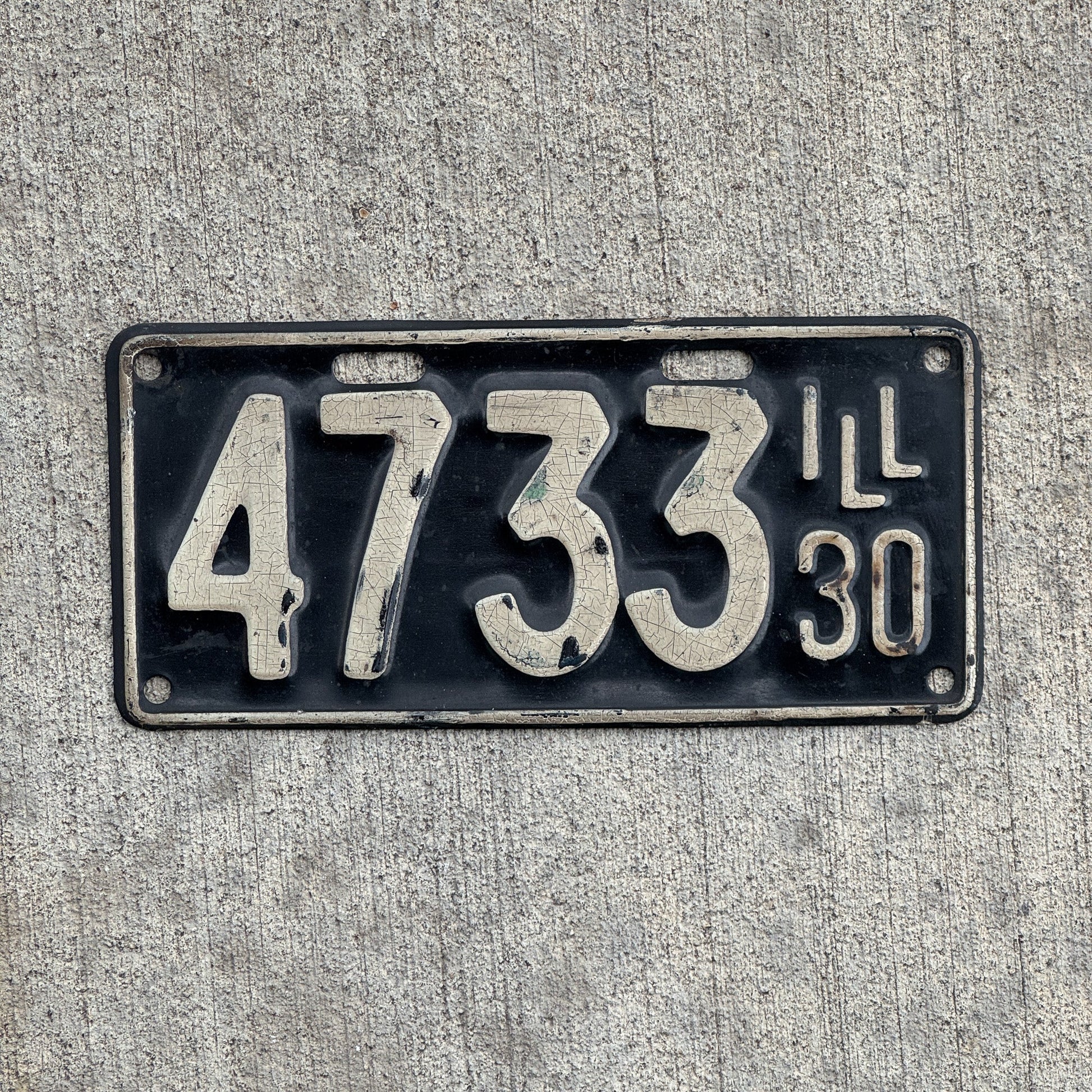 Photo of a 1930 Illinois License Plate Auto Tag Garage Decor Vintage Low Number Four Digit 4733 with original patina