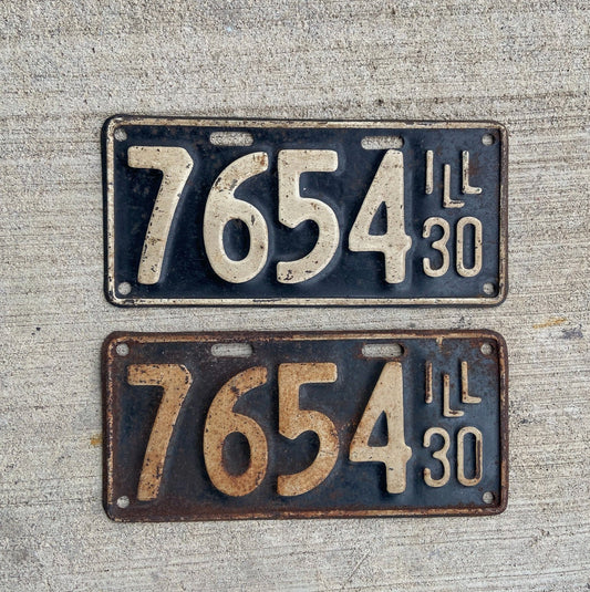 Photo of a 1930 Illinois License Plate Pair Auto Tag Garage Decor Vintage Low Number Four Digit 7654 with original patina