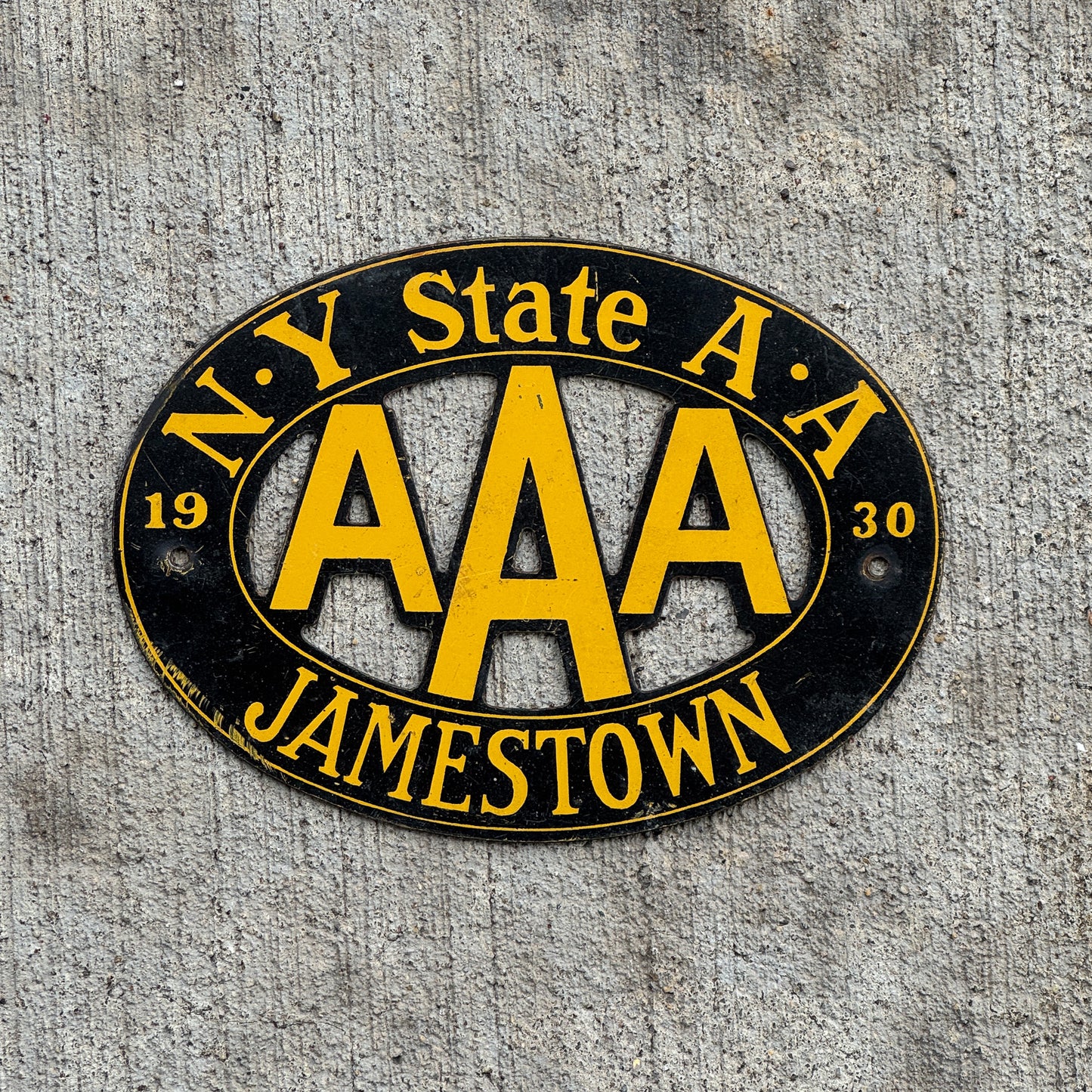 Photo of a 1930 Jamestown New York Badge Emblem License Plate Topper Auto Tag Garage Decor Vintage AAA with original patina
