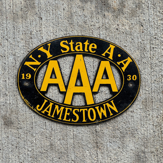 Photo of a 1930 Jamestown New York Badge Emblem License Plate Topper Auto Tag Garage Decor Vintage AAA with original patina