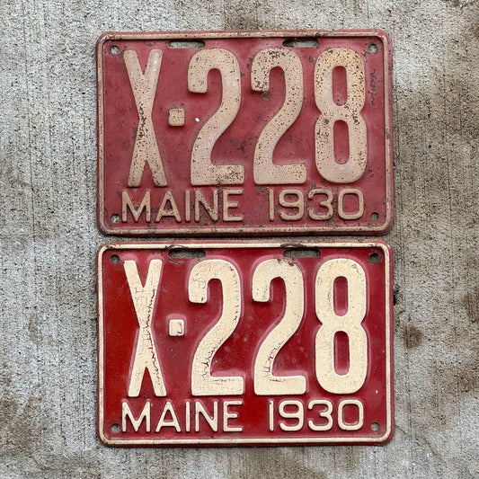 Photo of a 1930 Maine Commercial License Plate Pair Auto Tag Garage Decor Vintage Low Number Three Digit X 228 with original patina