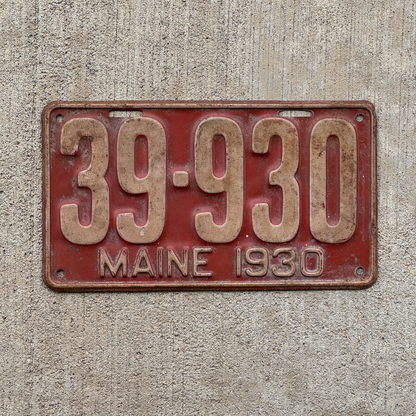 Photo of a 1930 Maine License Plate Auto Tag Garage Decor Vintage Ford Model A Year 39 930 with original patina