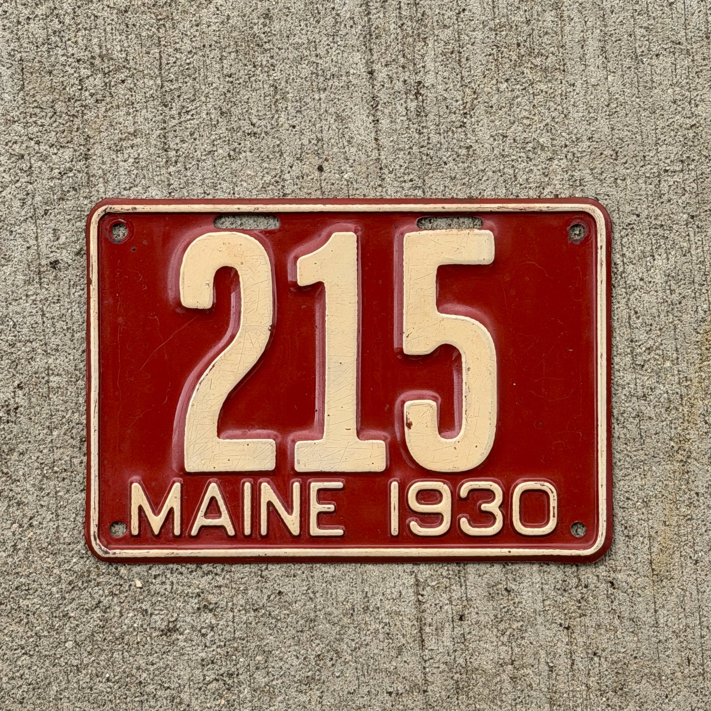 Photo of a 1930 Maine License Plate Auto Tag Garage Decor Vintage Low Number Three Digit 215 with original patina