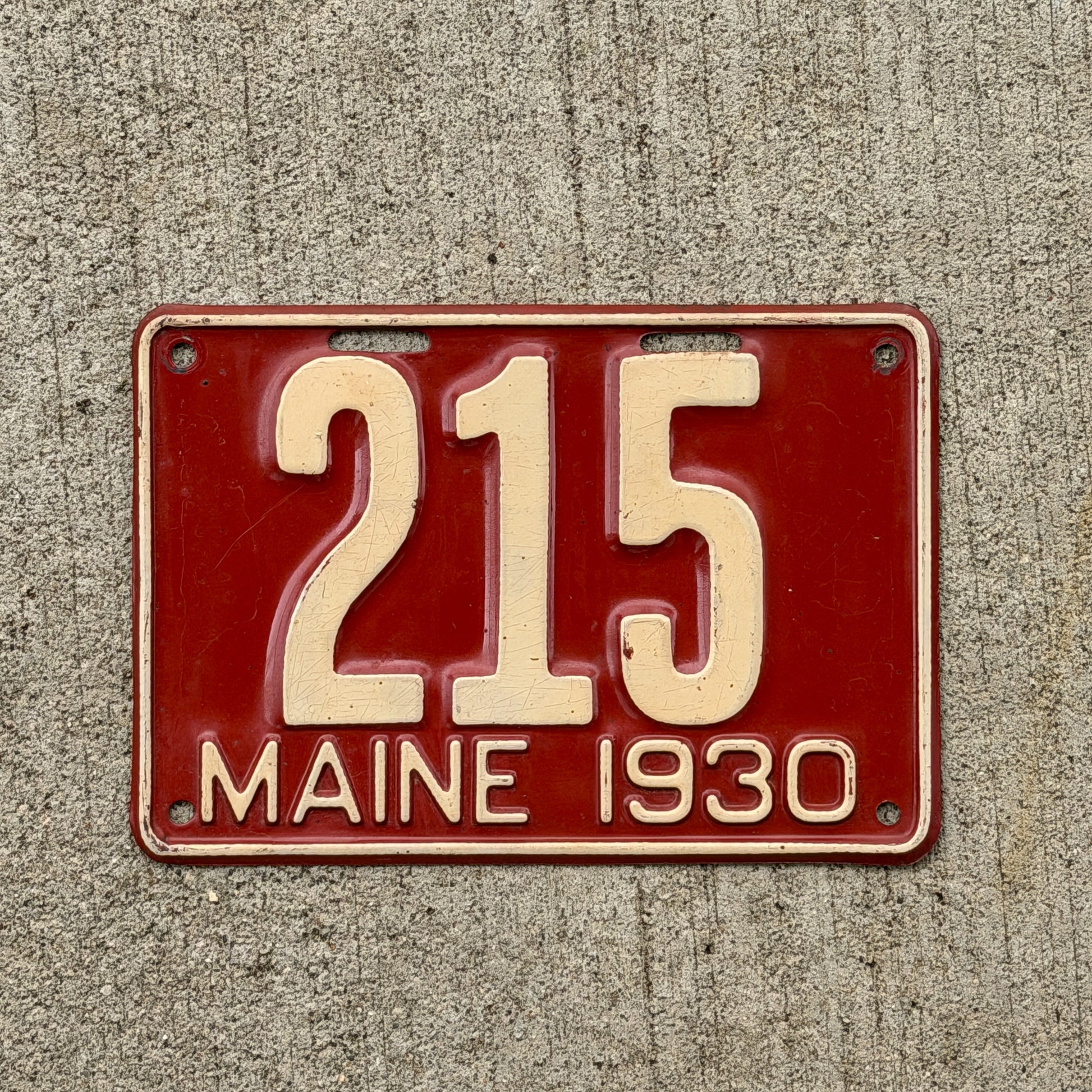 Photo of a 1930 Maine License Plate Auto Tag Garage Decor Vintage Low Number Three Digit 215 with original patina