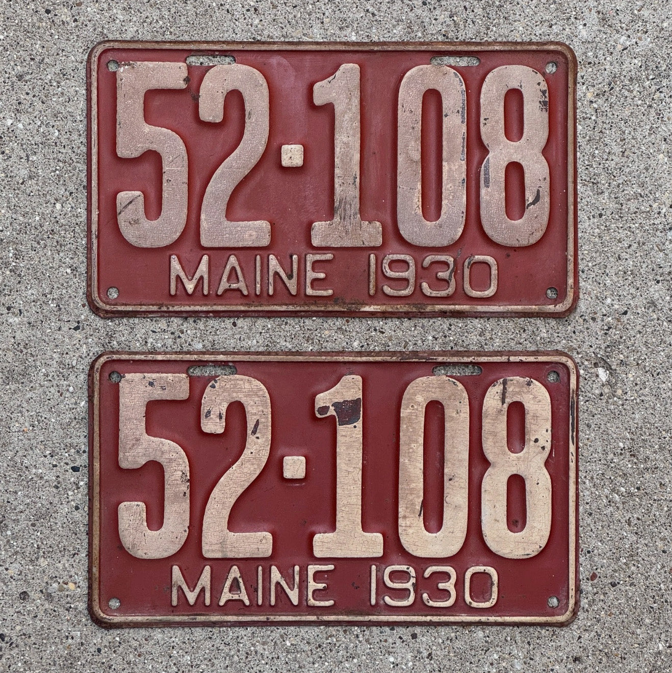 Photo of a 1930 Maine License Plate Pair Auto Tag Garage Decor Vintage Ford Model A Year 52 108 with original patina