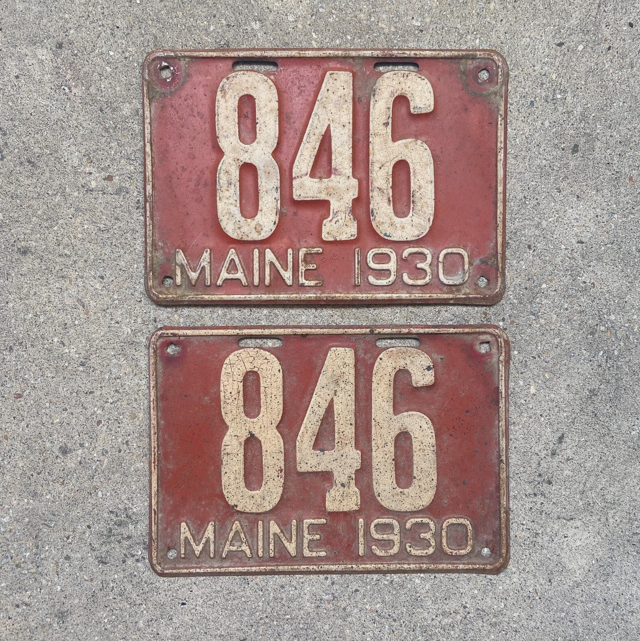 Photo of a 1930 Maine License Plate Pair Auto Tag Garage Decor Vintage Ford Model A Year Low Number Three Digit 846 with original patina