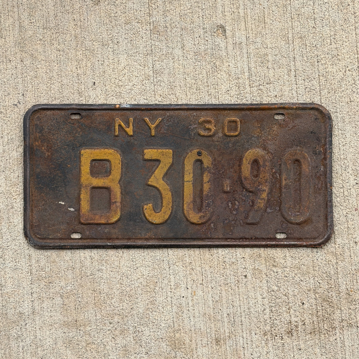 Photo of a 1930 New York License Plate Auto Tag Garage Decor Vintage Ford Model A Year B 30 90 with original patina