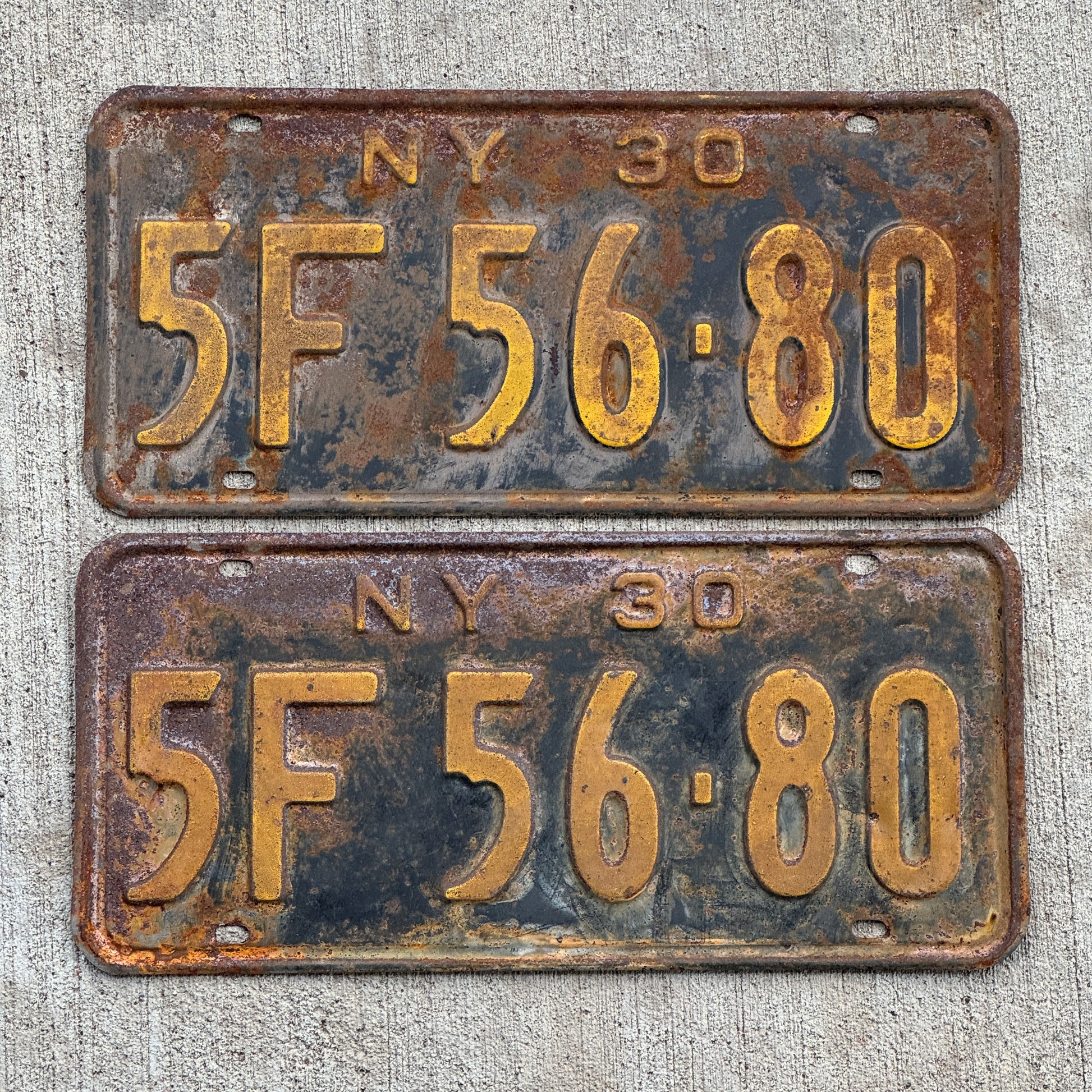 Photo of a 1930 New York License Plate Pair Auto Tag Garage Decor Vintage Ford Model A Year 5F 56 80 with original patina