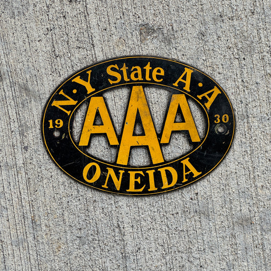 Photo of a 1930 Oneida New York Badge Emblem License Plate Topper Auto Tag Garage Decor Vintage AAA with original patina