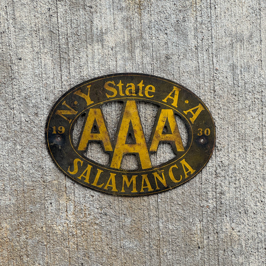 Photo of a 1930 Salamanca New York Badge Emblem License Plate Topper Auto Tag Garage Decor Vintage AAA with original patina