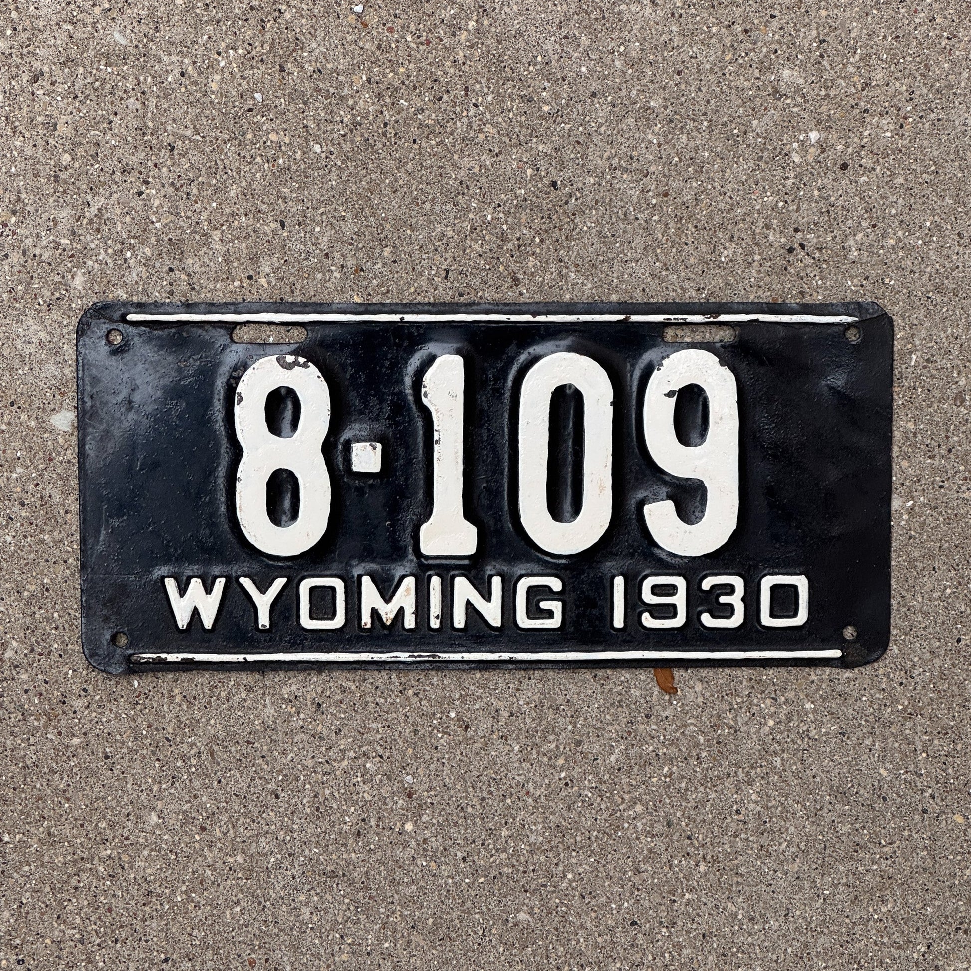 Photo of a 1930 Wyoming License Plate Auto Tag Garage Decor Vintage Low Number Four Digit 8 109 with original patina