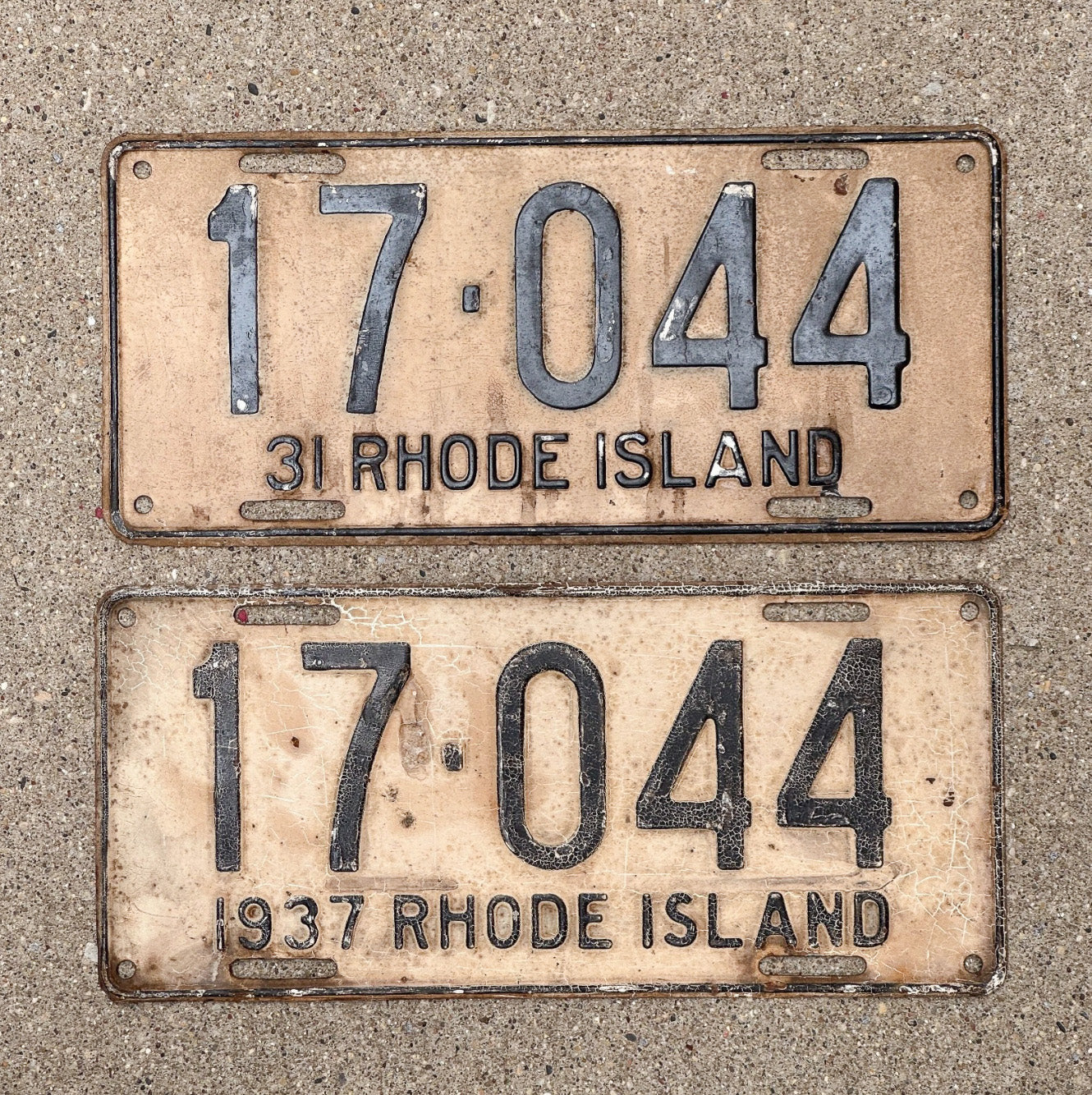 Photo of a 1931 1937 Rhode Island License Plate Auto Tag Garage Decor Vintage NOT A PAIR Two Years 17 044 with original patina