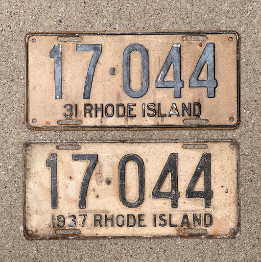 Photo of a 1931 1937 Rhode Island License Plate Auto Tag Garage Decor Vintage NOT A PAIR Two Years 17 044 with original patina