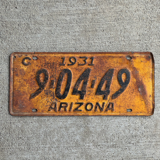 Photo of a 1931 Arizona License Plate Auto Tag Garage Decor Vintage 9 04 49 with original patina