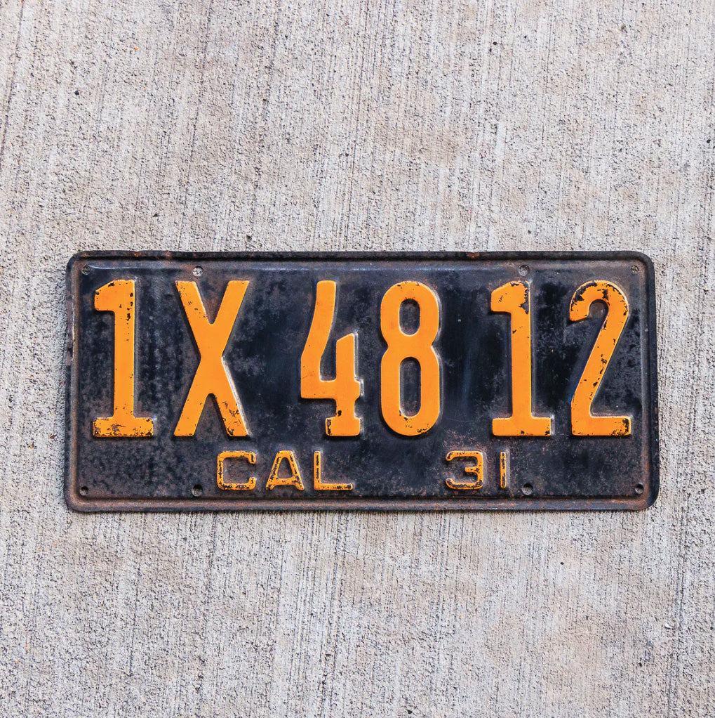 Photo of a 1931 California License Plate Auto Tag Garage Decor Vintage 1X 4812 with original patina