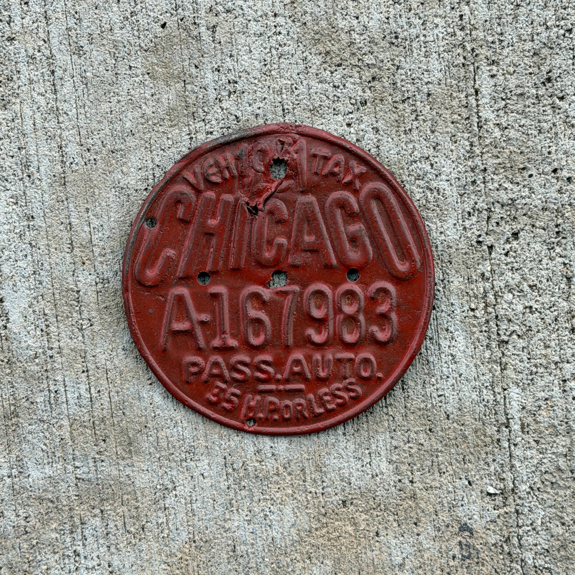 Photo of a 1931 Illinois Chicago Vehicle Tax Stamp License Plate License Plate Topper Auto Tag Garage Decor Vintage 35 HP or Less A 167983 with original patina
