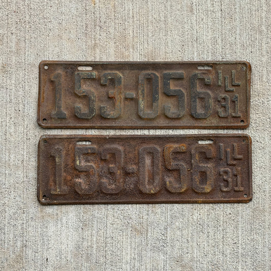 Photo of a 1931 Illinois License Plate Pair Auto Tag Garage Decor Vintage 153 056 with original patina