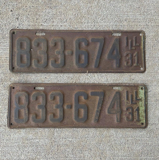 Photo of a 1931 Illinois License Plate Pair Auto Tag Garage Decor Vintage Ford Model A Year 833674 with original patina