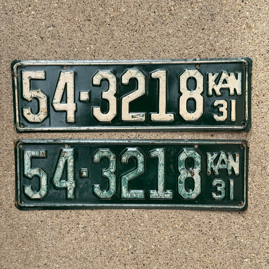 Photo of a 1931 Kansas License Plate Pair Auto Tag Garage Decor Vintage Ford Model A Year 54 3218 with original patina