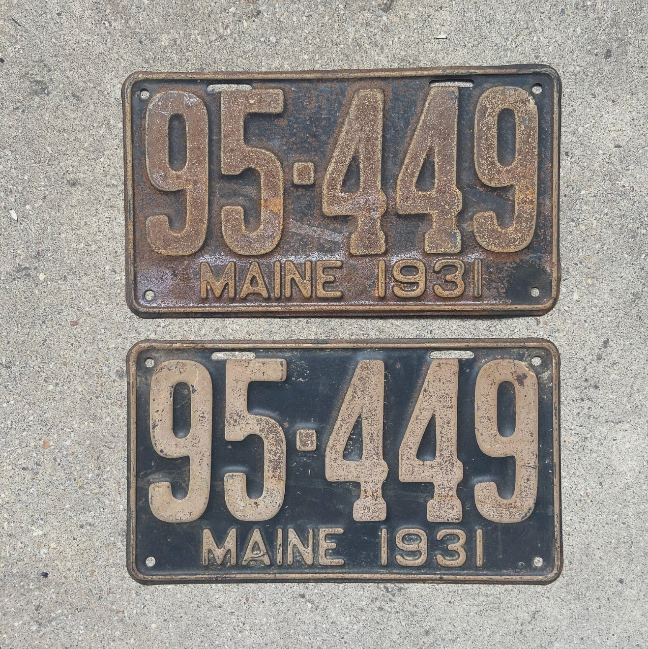 Photo of a 1931 Maine License Plate Pair Auto Tag Garage Decor Vintage Ford Model A Year 95 449 with original patina