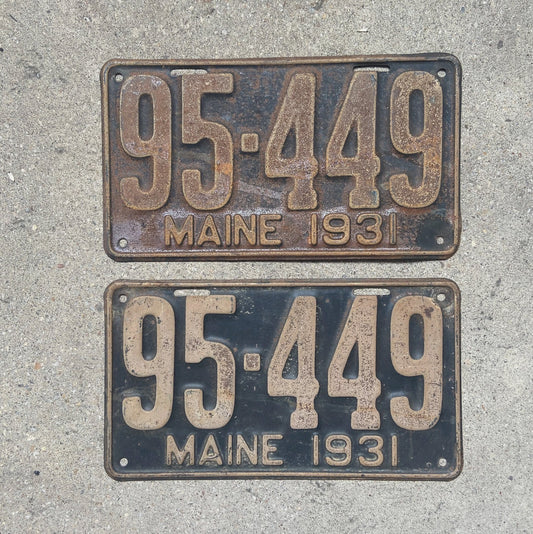 Photo of a 1931 Maine License Plate Pair Auto Tag Garage Decor Vintage Ford Model A Year 95 449 with original patina