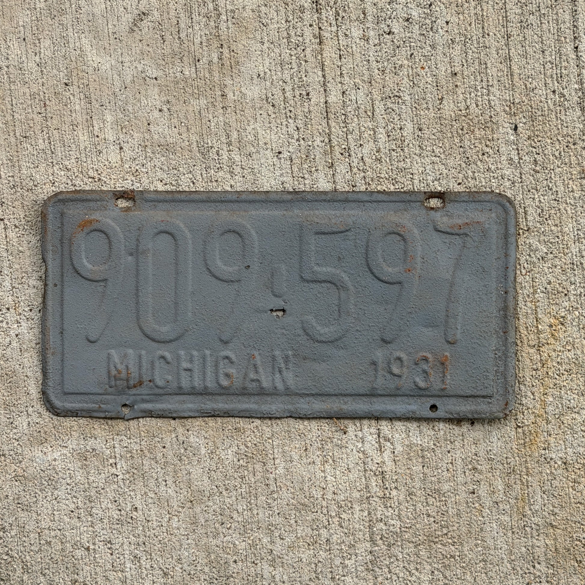 Photo of a 1931 Michigan License Plate Auto Tag Garage Decor Vintage Ford Model A Year 909 597 with original patina