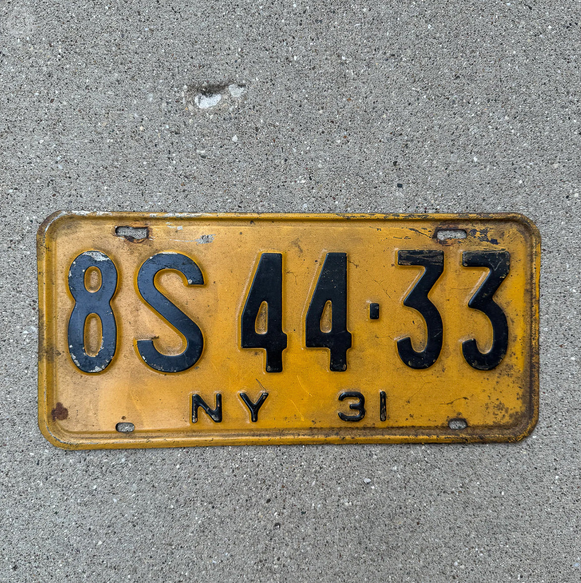 Photo of a 1931 New York License Plate Auto Tag Garage Decor Vintage Ford Model A Year 8S 44 33 with original patina