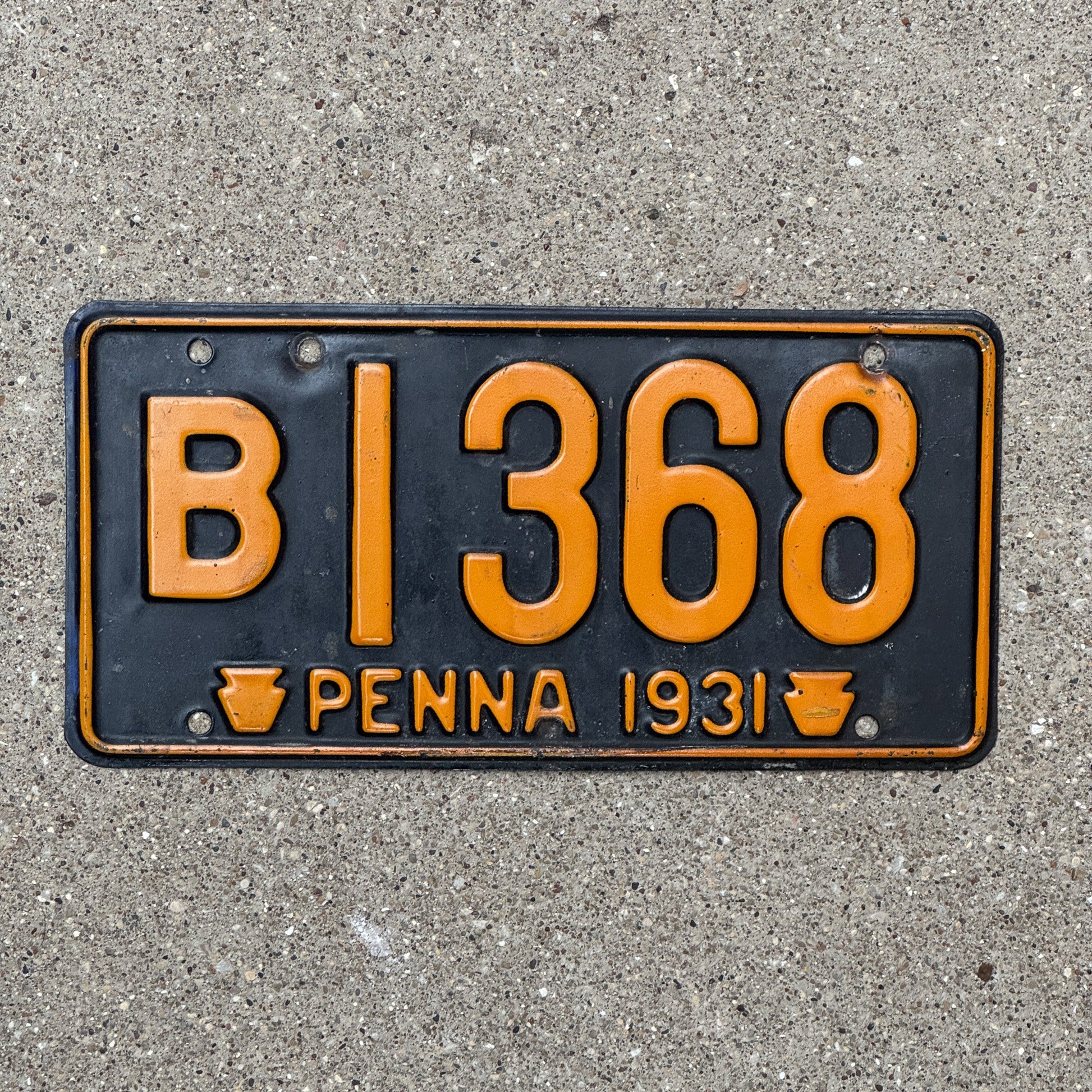 Photo of a 1931 Pennsylvania License Plate Auto Tag Garage Decor Vintage B 1368 with original patina