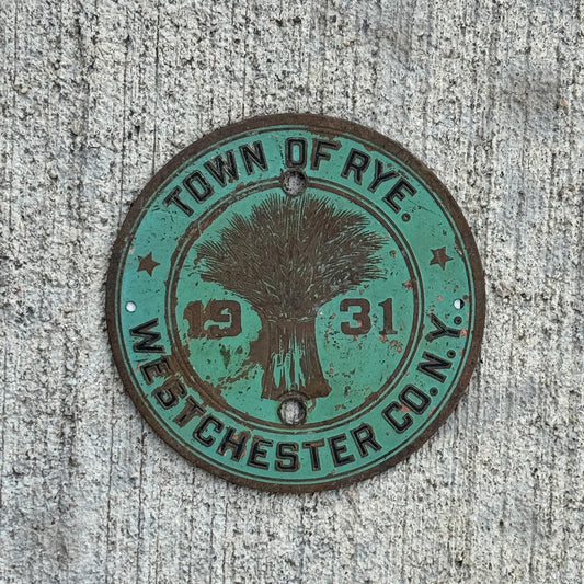 Photo of a 1931 Town of Rye New York Badge Emblem License Plate Topper Auto Tag Garage Decor Vintage with original patina