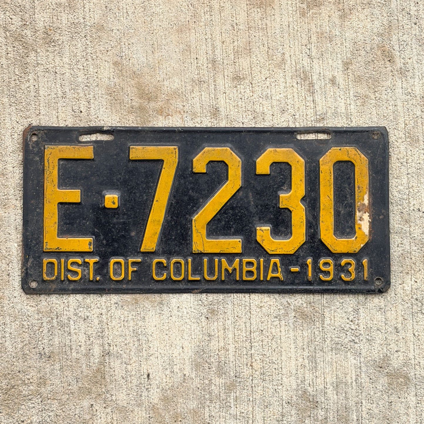 Photo of a 1931 Washington DC License Plate Auto Tag Garage Decor Vintage E 7230 with original patina