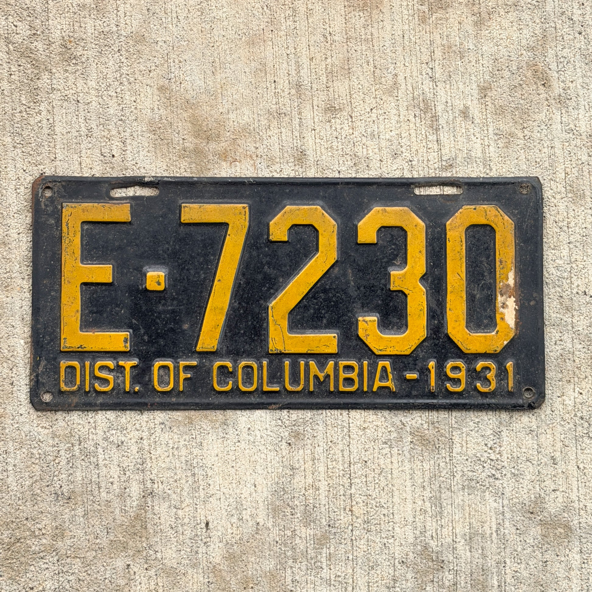 Photo of a 1931 Washington DC License Plate Auto Tag Garage Decor Vintage E 7230 with original patina