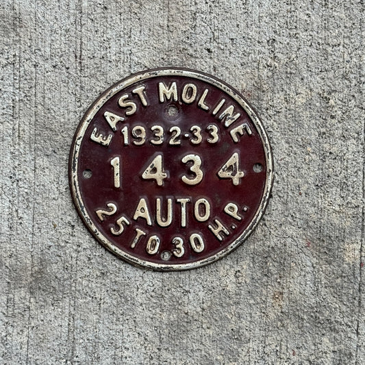 Photo of a 1932 1933 Illinois Tax Disc Auto Tag Garage Decor Vintage East Moline 25 to 30 HP 1434 with original patina