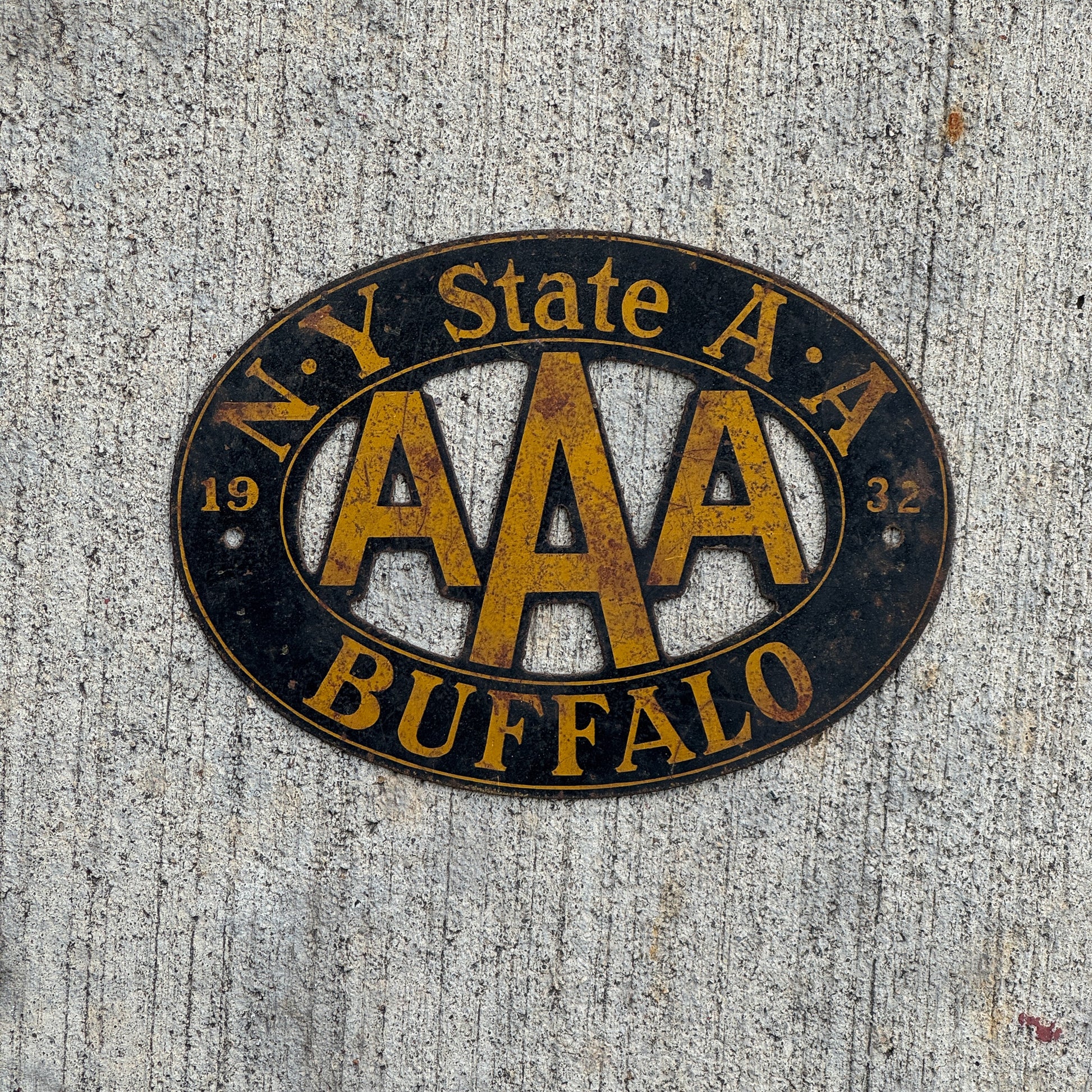 Photo of a 1932 Buffalo New York Badge Emblem License Plate Topper Auto Tag Garage Decor Vintage AAA with original patina