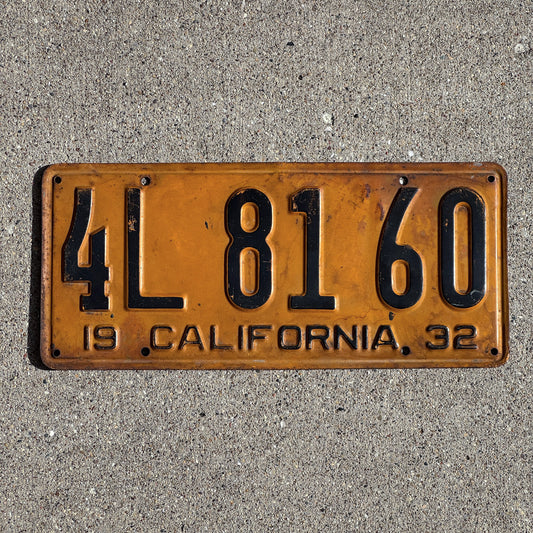 Photo of a 1932 California License Plate Auto Tag Garage Decor Vintage 4L 81 60 with original patina