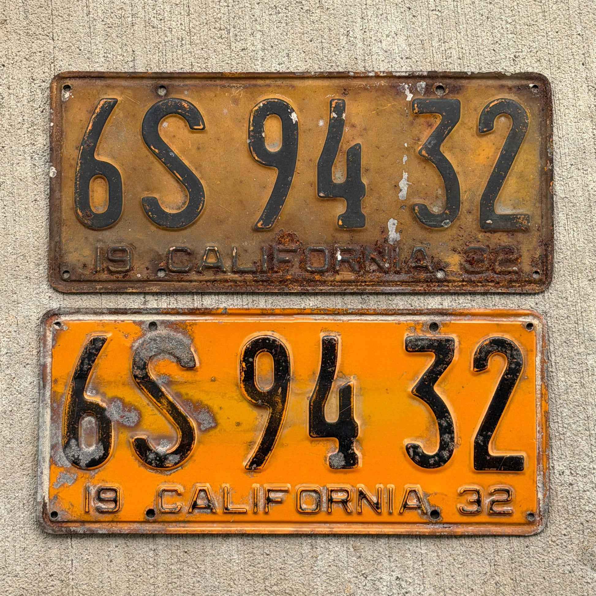 Photo of a 1932 California License Plate Pair Auto Tag Garage Decor Vintage YOM Number DMV Clear 6S 94 32 with original patina