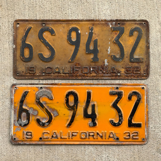 Photo of a 1932 California License Plate Pair Auto Tag Garage Decor Vintage YOM Number DMV Clear 6S 94 32 with original patina