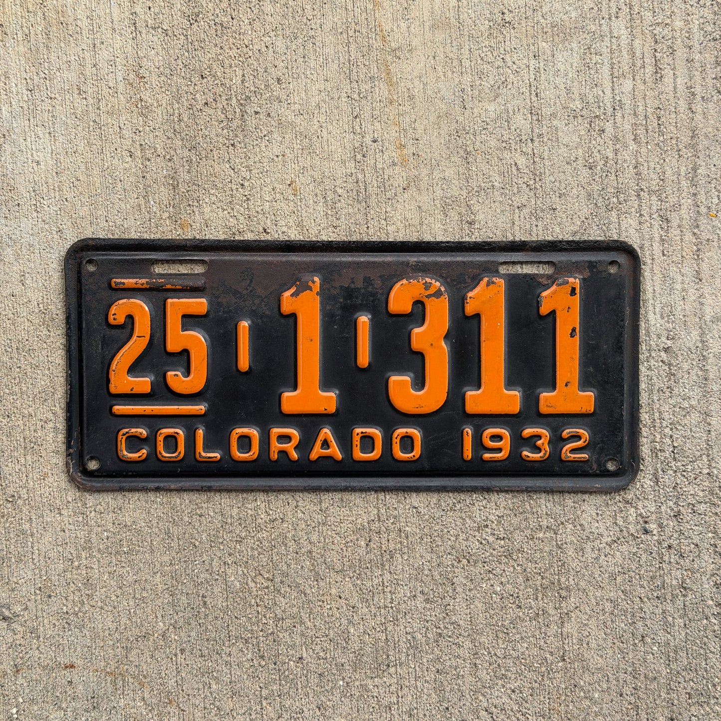 Photo of a 1932 Colorado License Plate Auto Tag Garage Decor Vintage Conejos County 25 1 311 with original patina