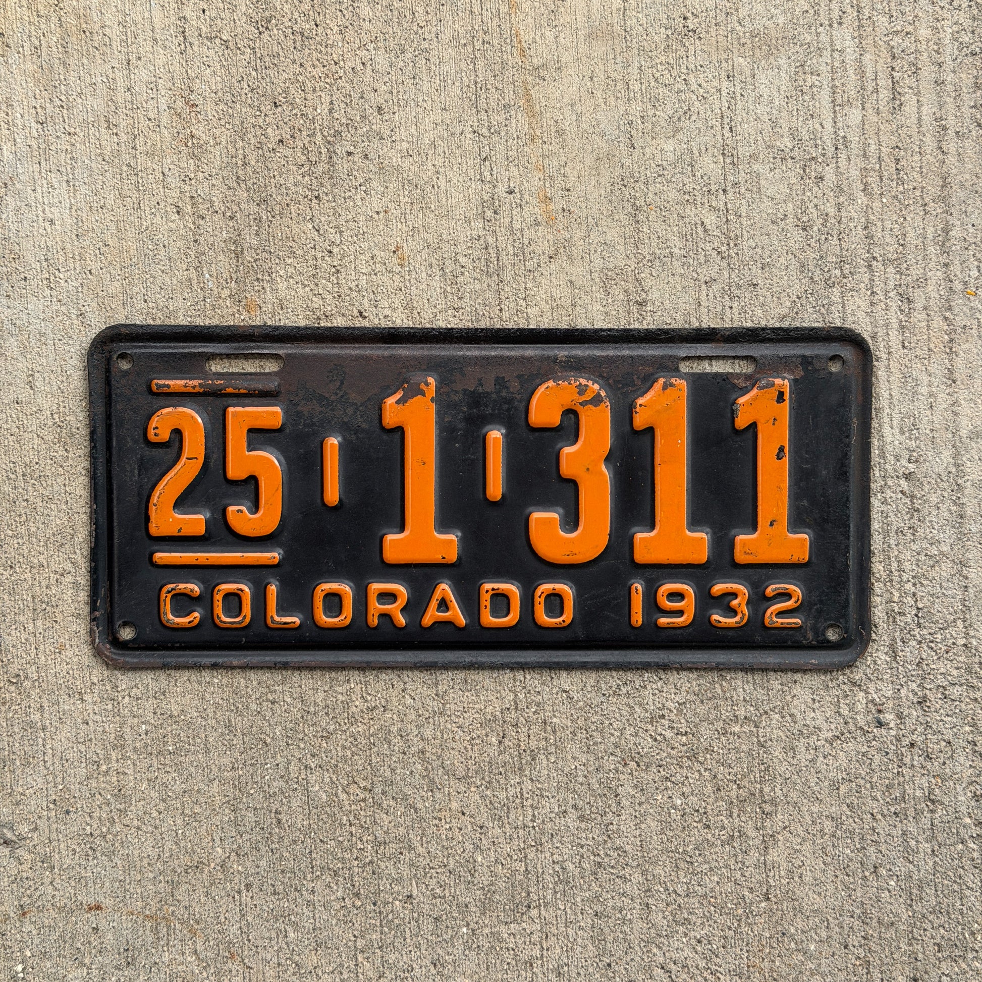 Photo of a 1932 Colorado License Plate Auto Tag Garage Decor Vintage Conejos County 25 1 311 with original patina
