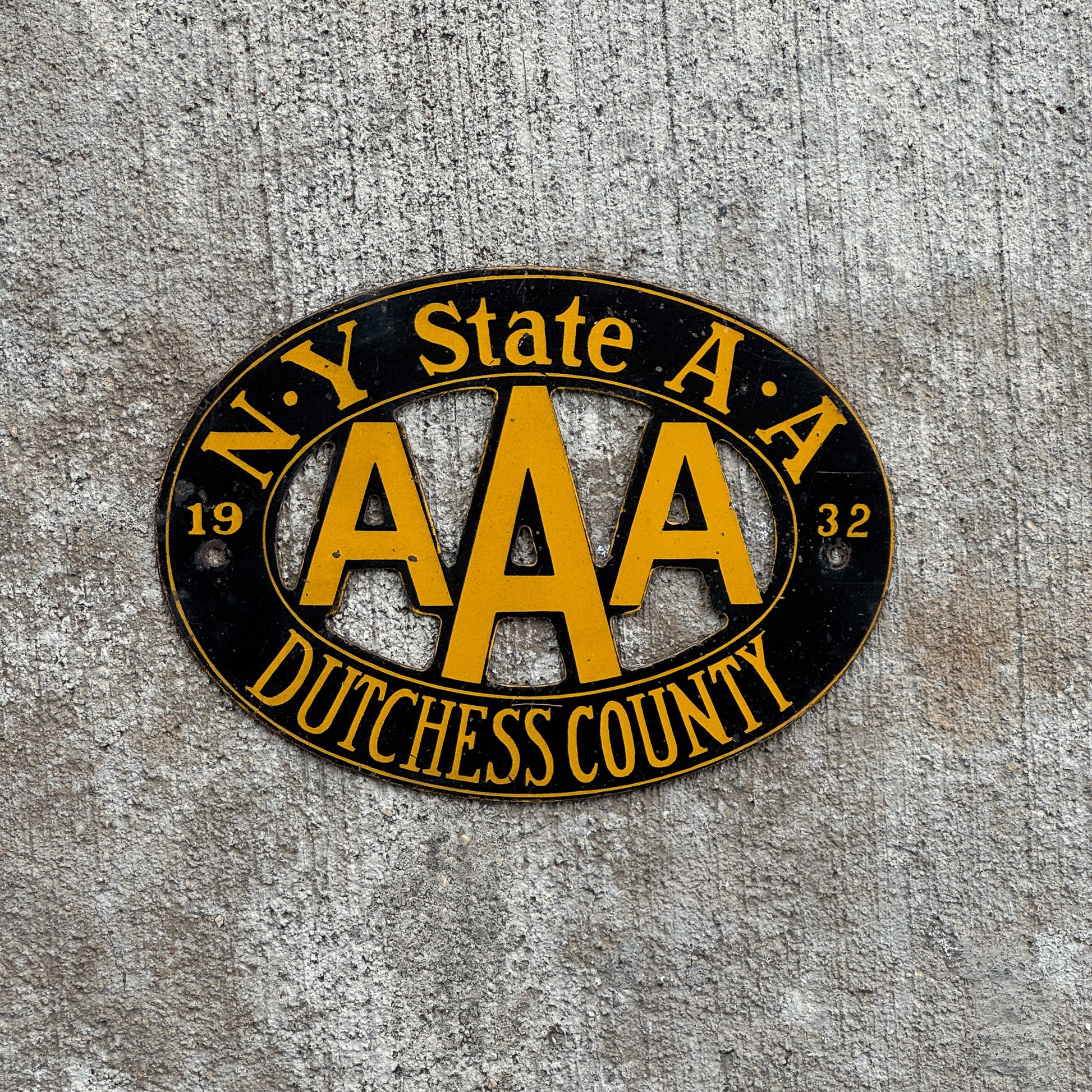 Photo of a 1932 Dutchess County New York Badge Emblem License Plate Topper Auto Tag Garage Decor Vintage AAA with original patina