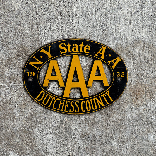 Photo of a 1932 Dutchess County New York Badge Emblem License Plate Topper Auto Tag Garage Decor Vintage AAA with original patina