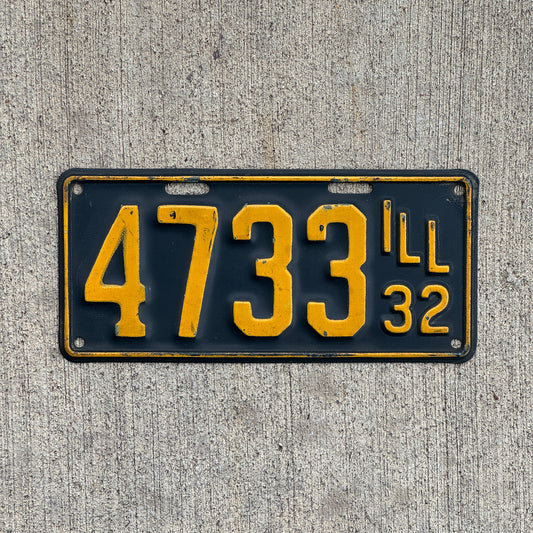 Photo of a 1932 Illinois License Plate Auto Tag Garage Decor Vintage Low Number Four Digit 4733 with original patina