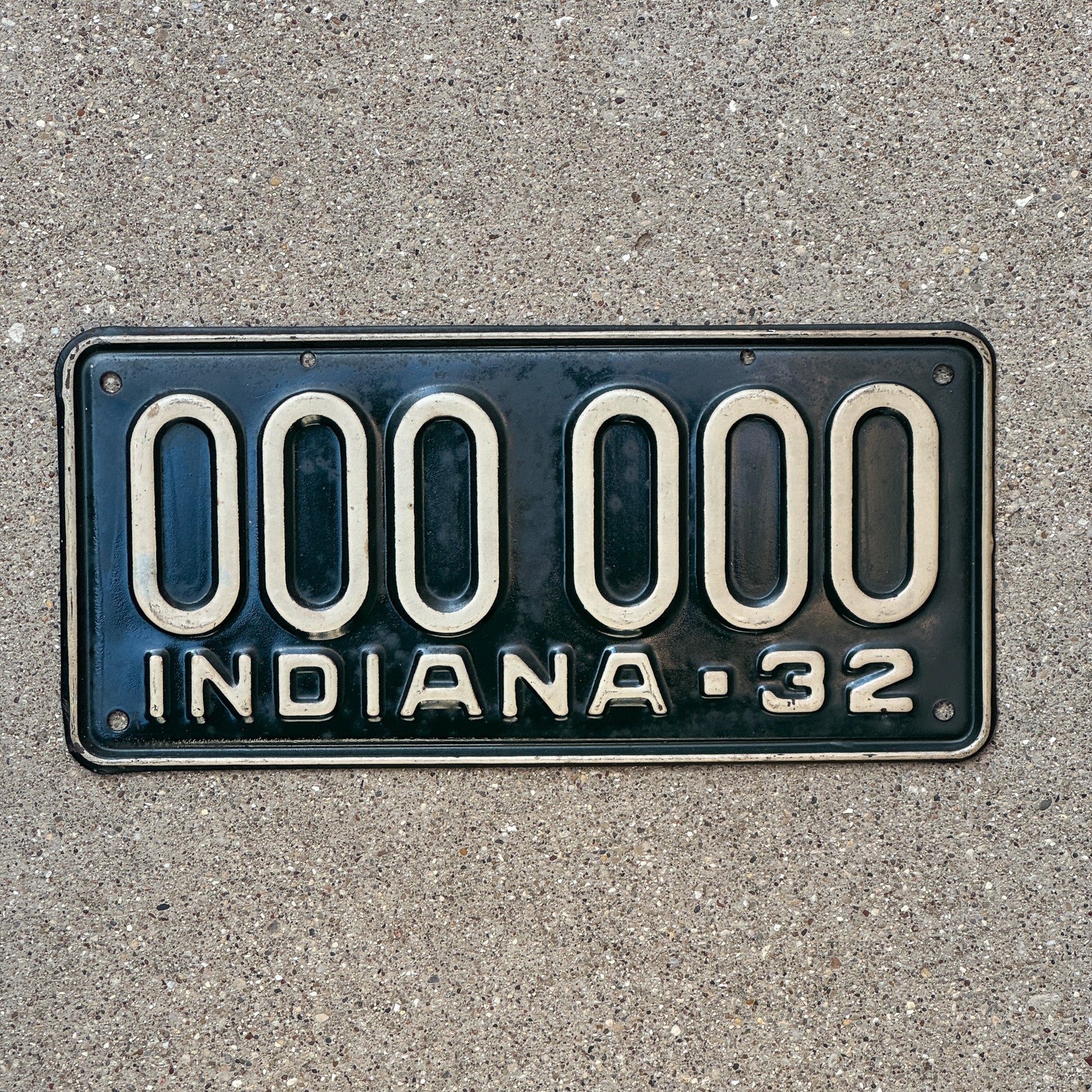 Photo of a 1932 Indiana Sample License Plate Auto Tag Garage Decor Vintage 000 000 with original patina