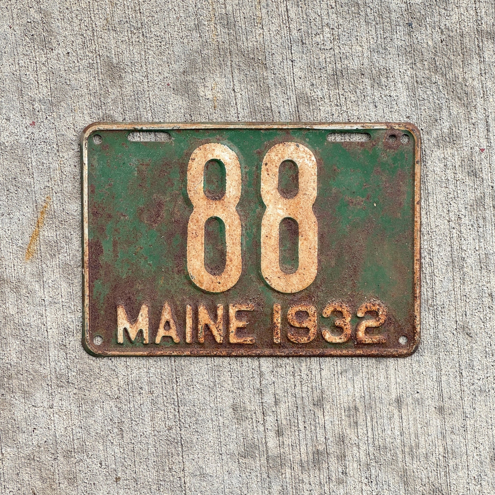 Photo of a 1932 Maine License Plate Auto Tag Garage Decor Vintage Low Number Two Digit 88 with original patina