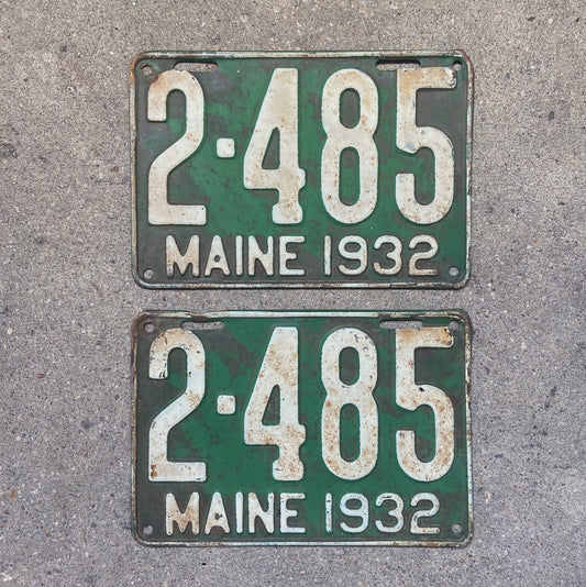 Photo of a 1932 Maine License Plate Pair Auto Tag Garage Decor Vintage Low Number Four Digit 2 485 with original patina