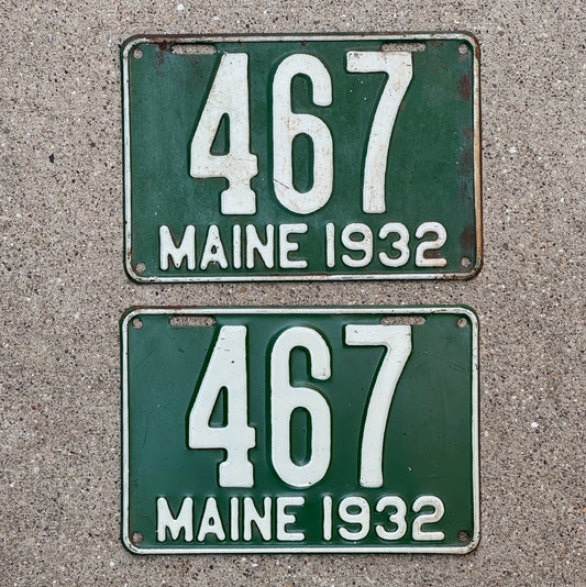 Photo of a 1932 Maine License Plate Pair Auto Tag Garage Decor Vintage Low Number Three Digit 467 with original patina