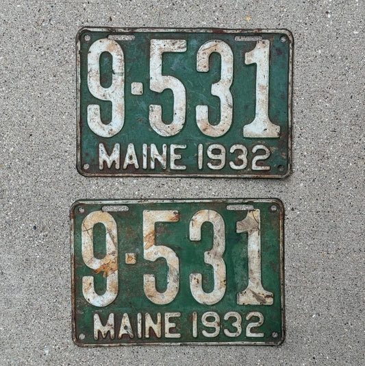 Photo of a 1932 Maine License Plate Pair Auto Tag Garage Decor Vintage YOM Ford Chevy Dodge 9531