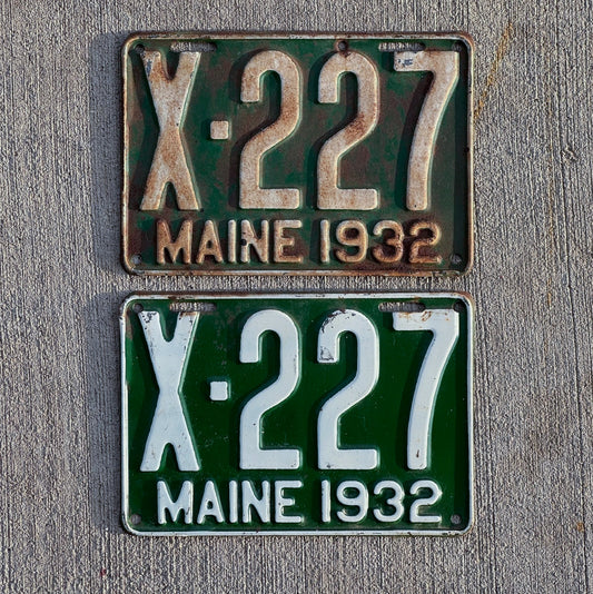 Photo of a 1932 Maine Truck License Plate Pair Auto Tag Garage Decor Vintage Low Number Three Digit X 227 with original patina
