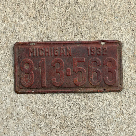 Photo of a 1932 Michigan License Plate Auto Tag Garage Decor Vintage 813 563 with original patina